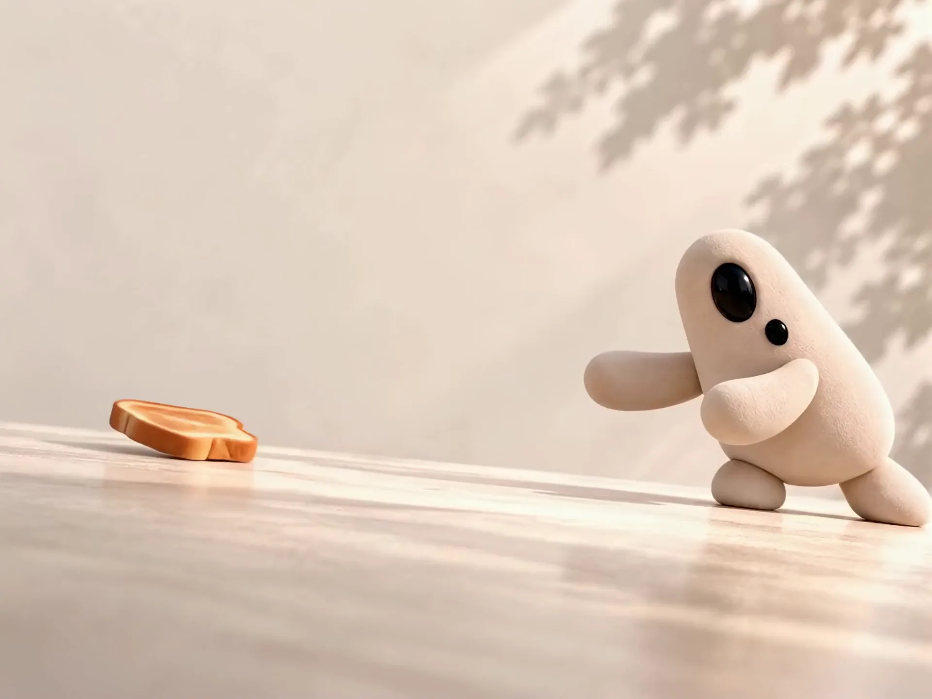Tilt leans and reaches toward a slice of toast on the far side of a table.