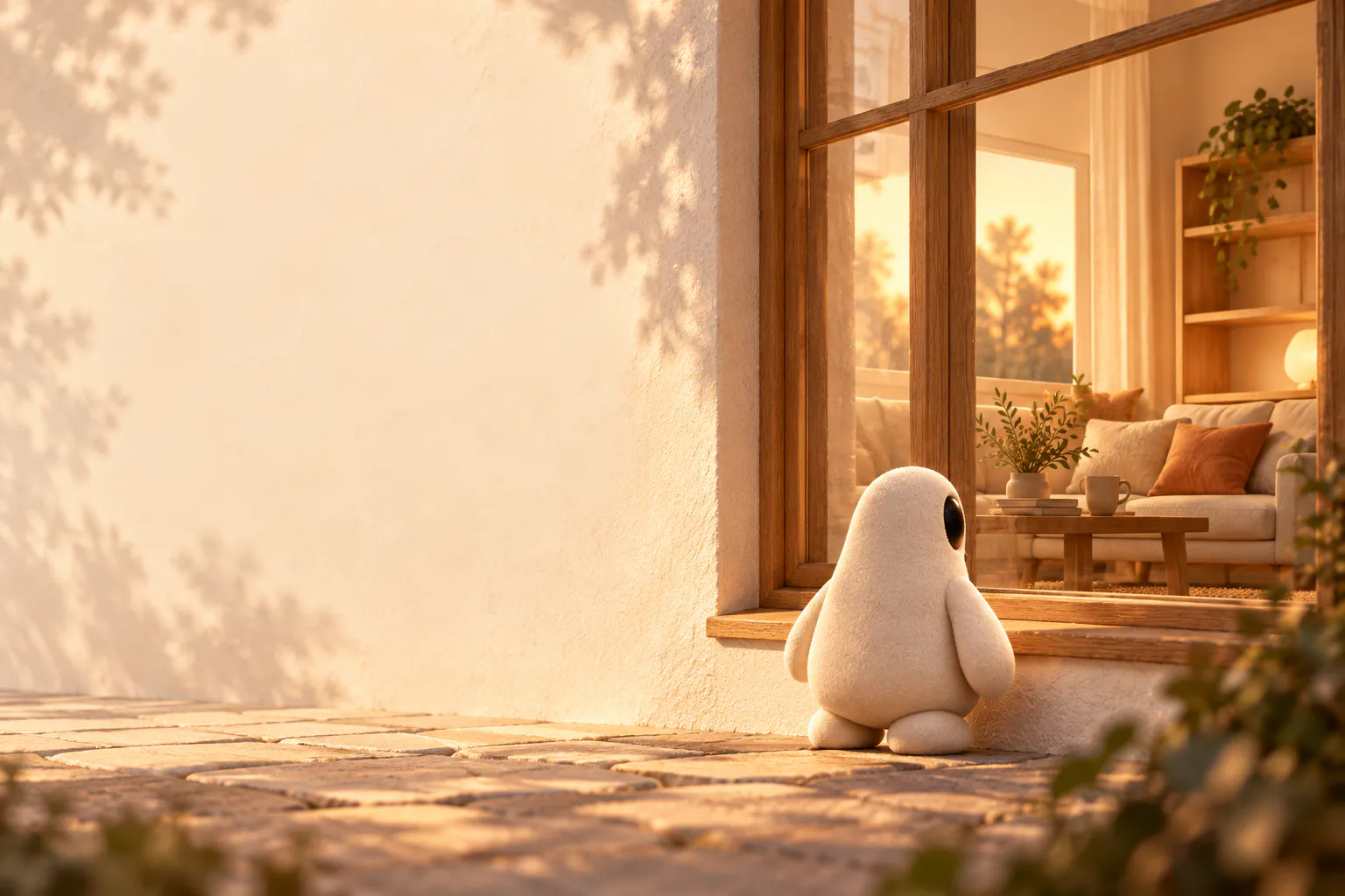 Tilt stands outside a lit window, looking into a warm living room.